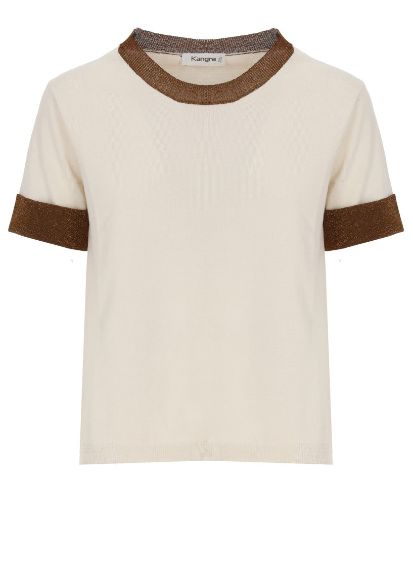 Kangra Ivory Cotton Lurex-Trim Crewneck Top
