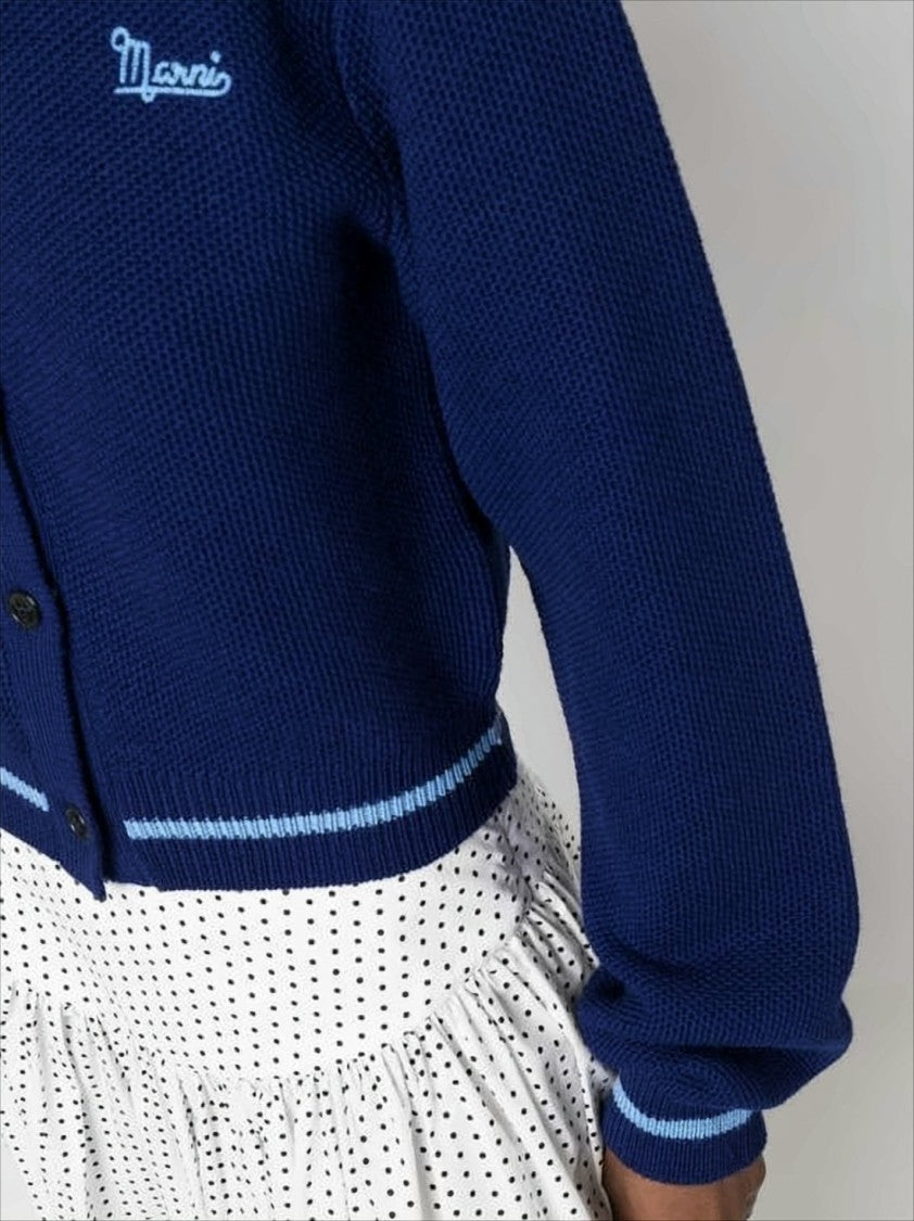 Marni Cropped Deep Navy Cardigan With Textured Wool And Contrasting Stripes