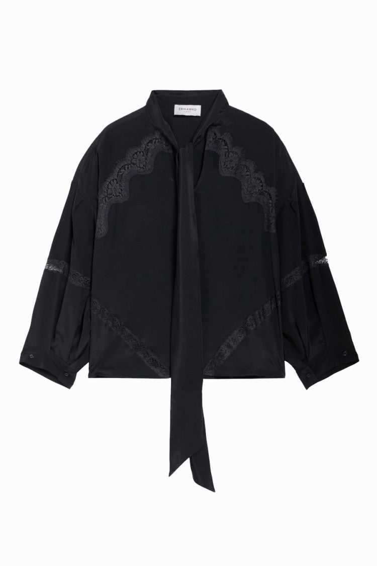 Ermanno Black Neck Tie Lace Insert Acetate-Blend Blouse