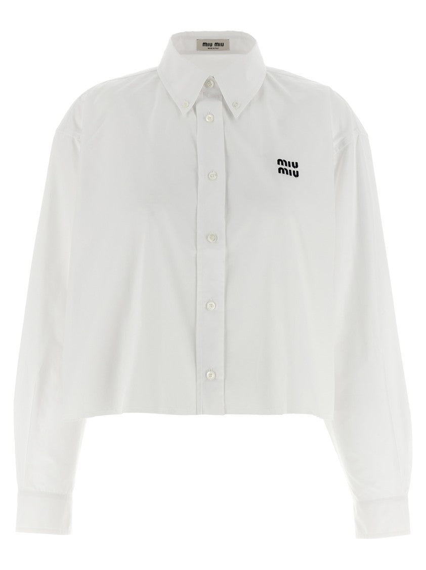 Miu Miu Cropped Cotton Poplin Shirt With Contrast Logo Embroidery