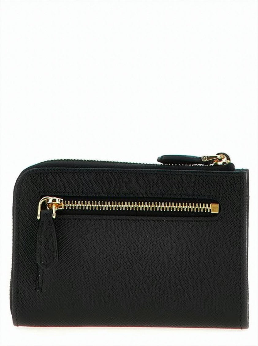 Prada Textured Calf Leather Card Wallet With Zip Closure And Gold-Tone Hardware
