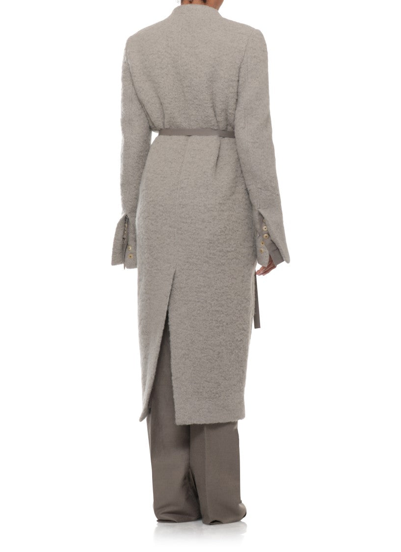 Rick Owens Textured Grey Wrap Coat With Lace Closure