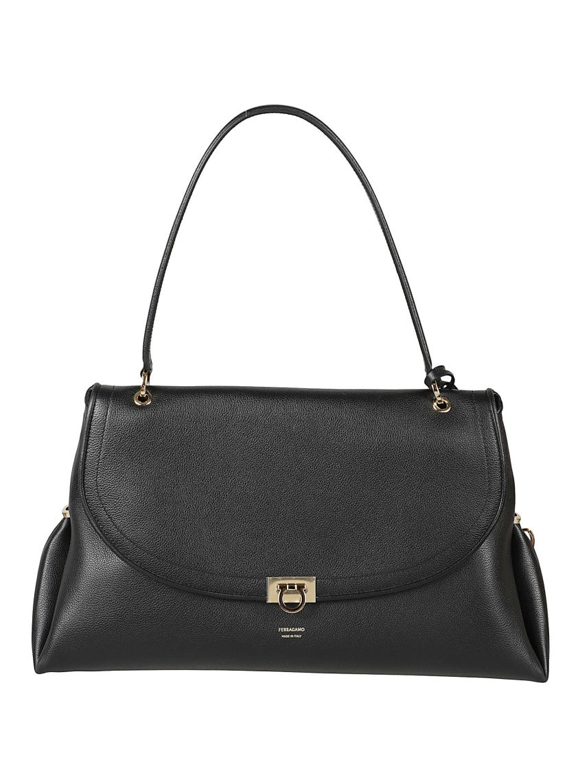 Ferragamo Structured Black Calf Leather Handbag With Gold-Tone Hardware