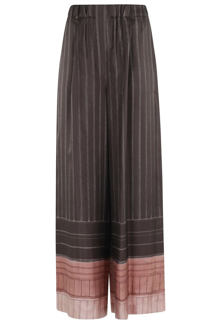 Alysi Brown Pinstripe Elastic-Band Silk Wide-Leg Pants