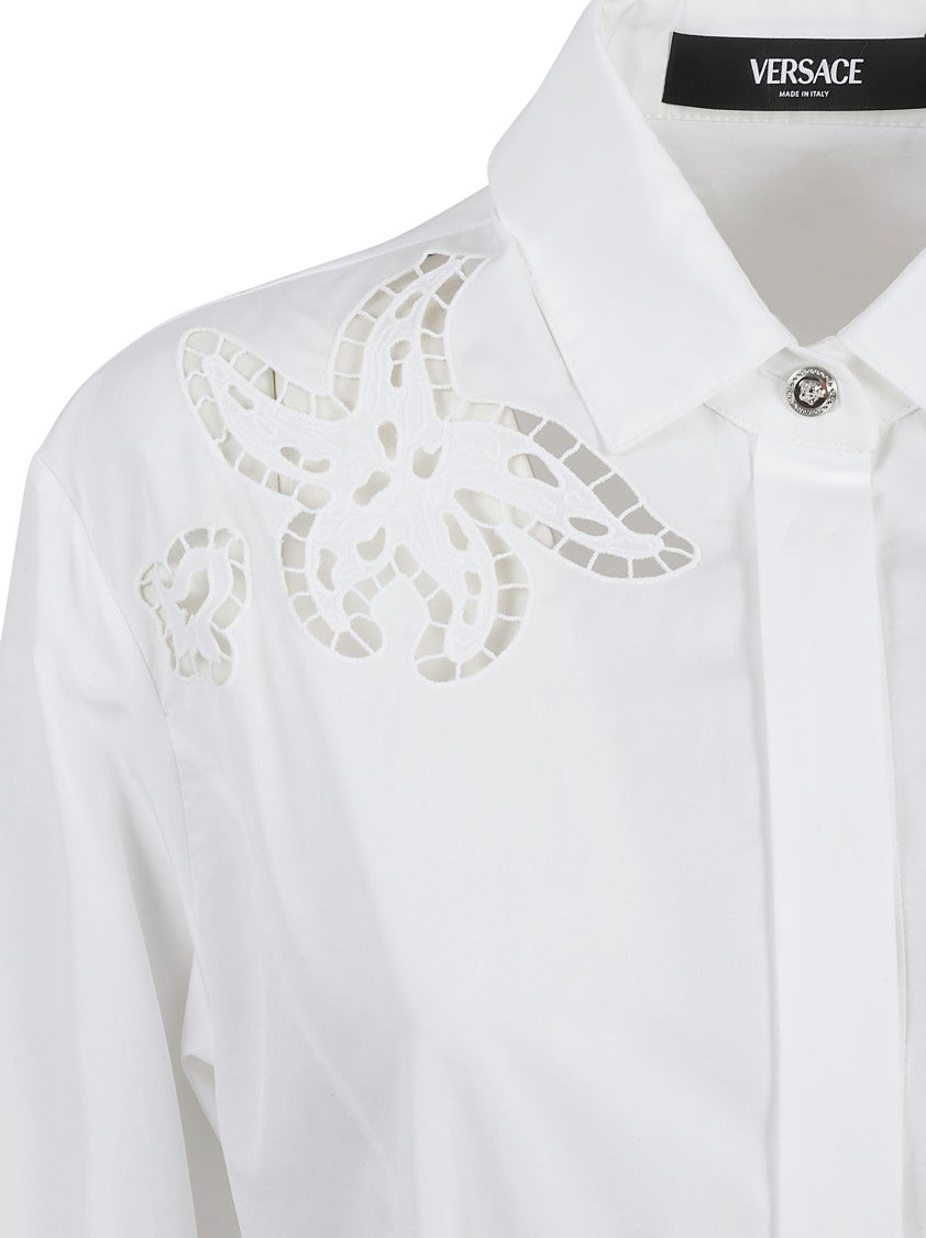 Versace White Shirt Dress With Cut-Out Floral Embroidery