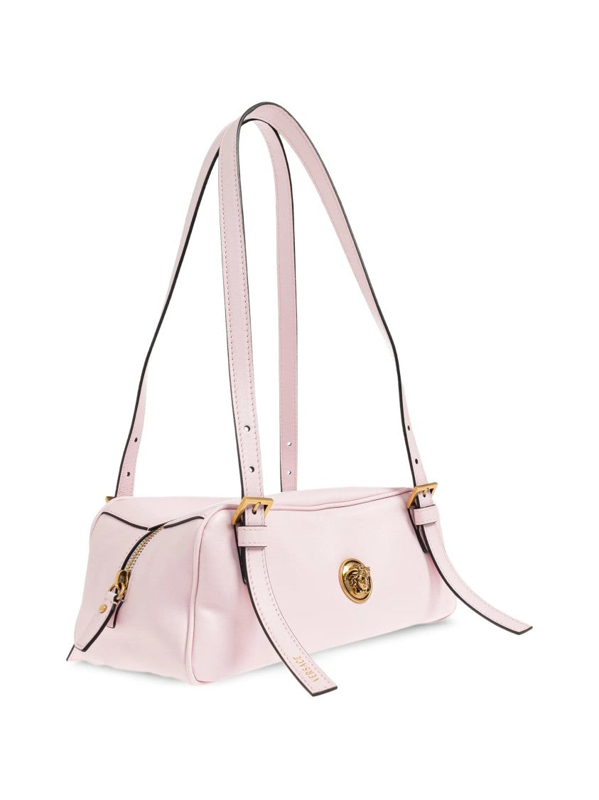 Versace Structured Pink Lambskin Shoulder Bag With Gold Accents