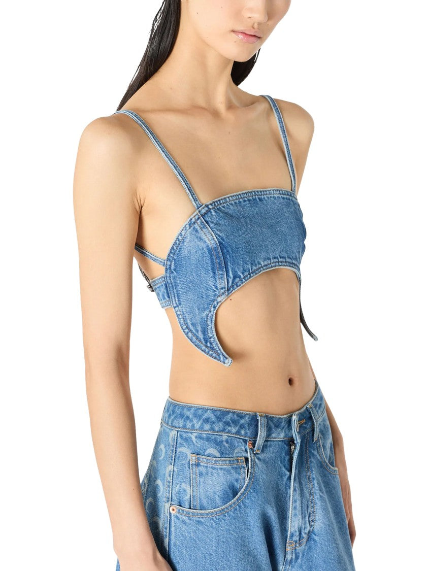 Marine Serre Cropped Denim Bra Top With Structured Design