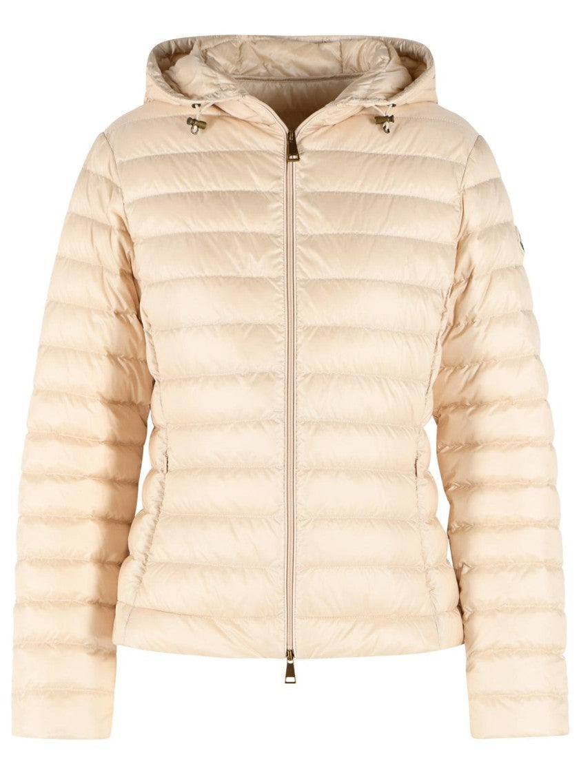 Moncler Quilted Light Beige Down Jacket With Adjustable Hood And Hidden Pockets