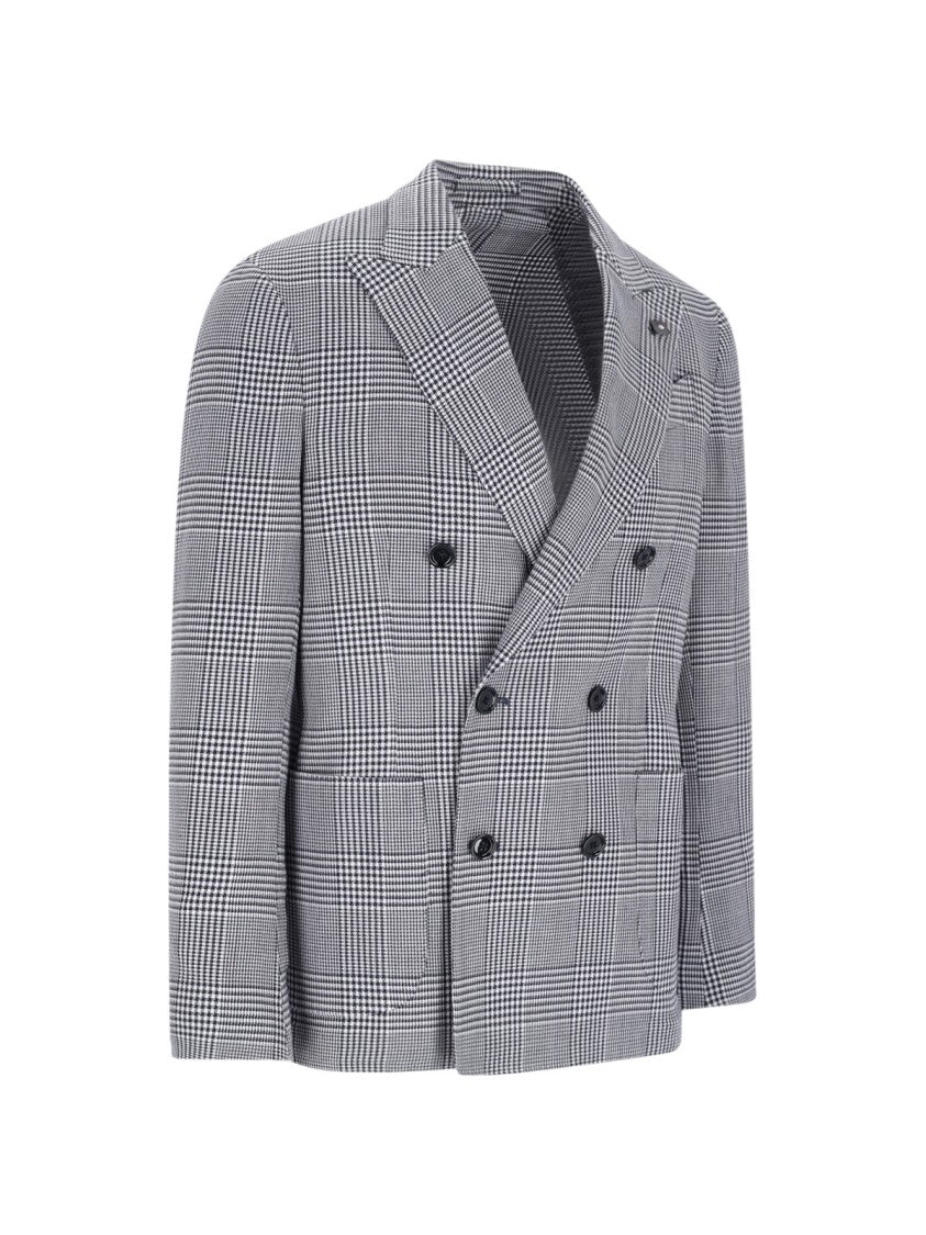 Lardini Grey Pied De Poule Double-Breasted Wool-Blend Blazer