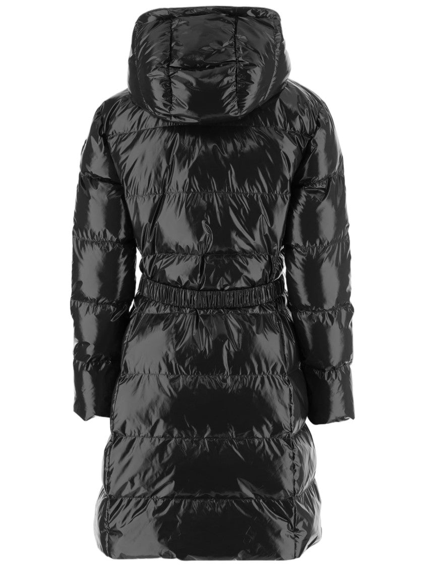 Pinko Glossy Quilted Puffer Coat With Decorative Buckle And Hood