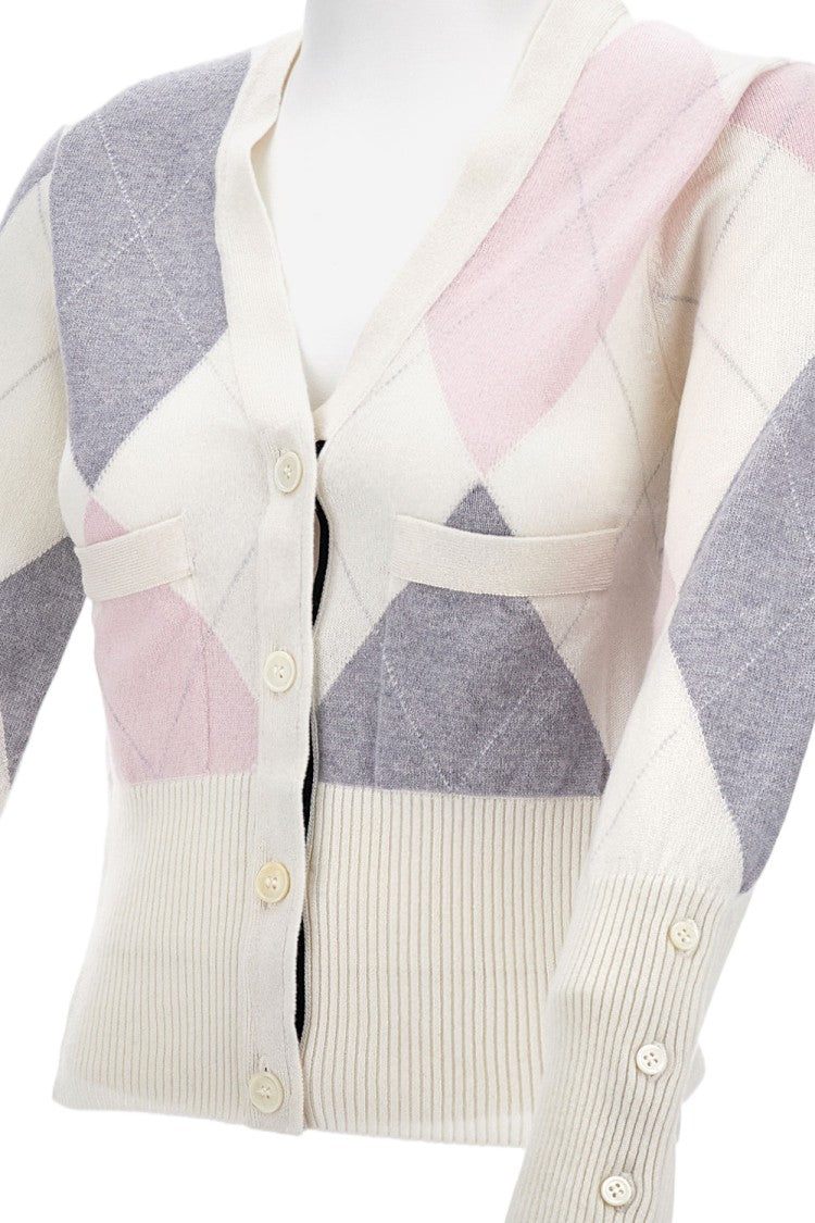 Thom Browne Geometric Print V-Neck Cardigan With Classic Button Closure