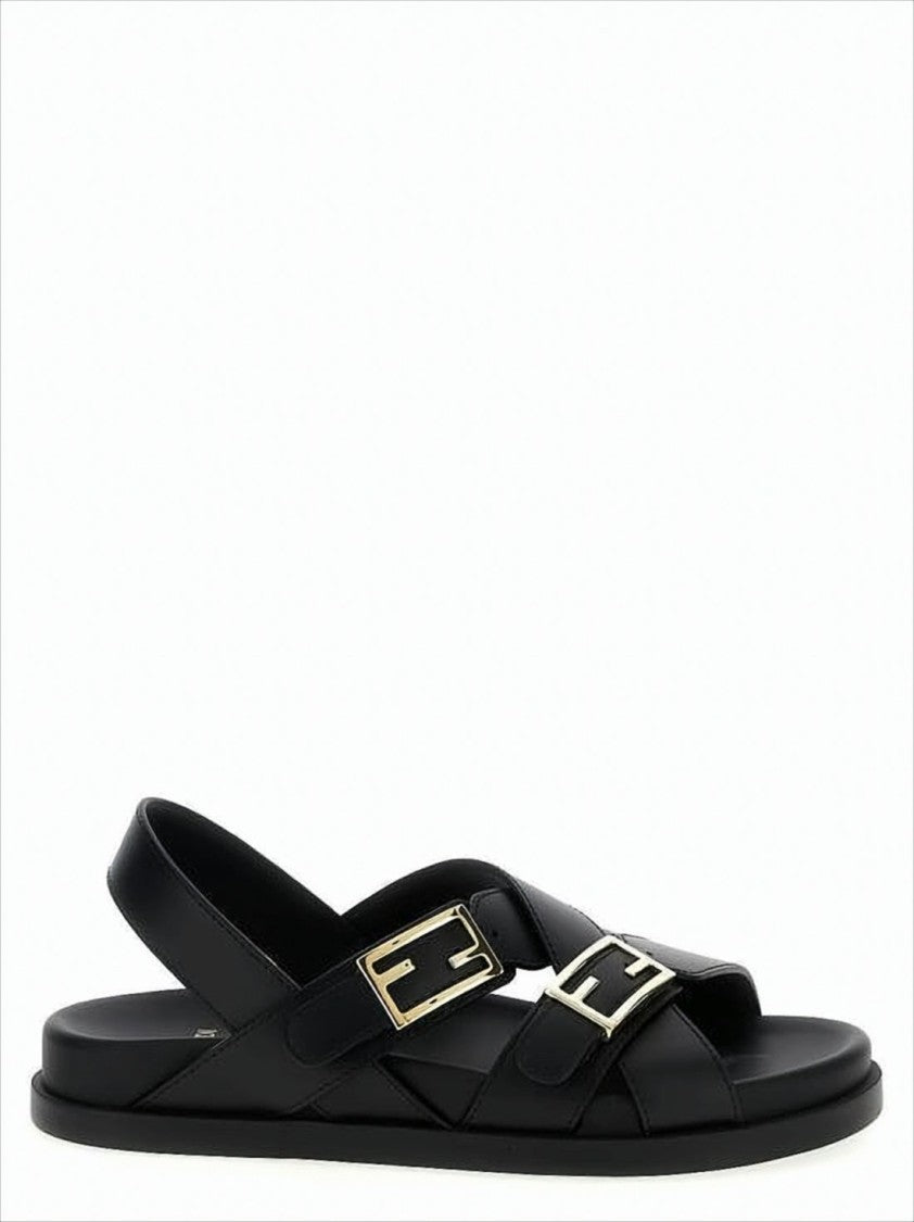 Fendi Crossed Strap Calf Leather Sandals With Gold Accents