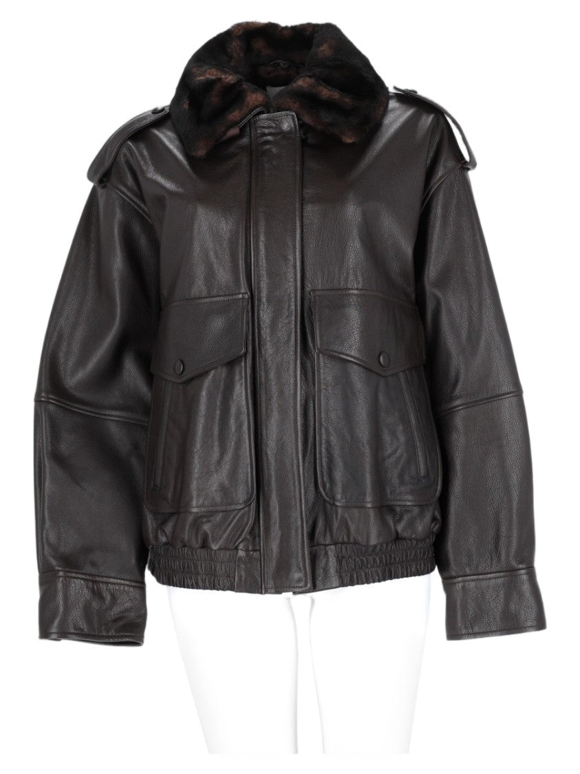Loulou De Saison Brown Fur-Collar Leather Jacket