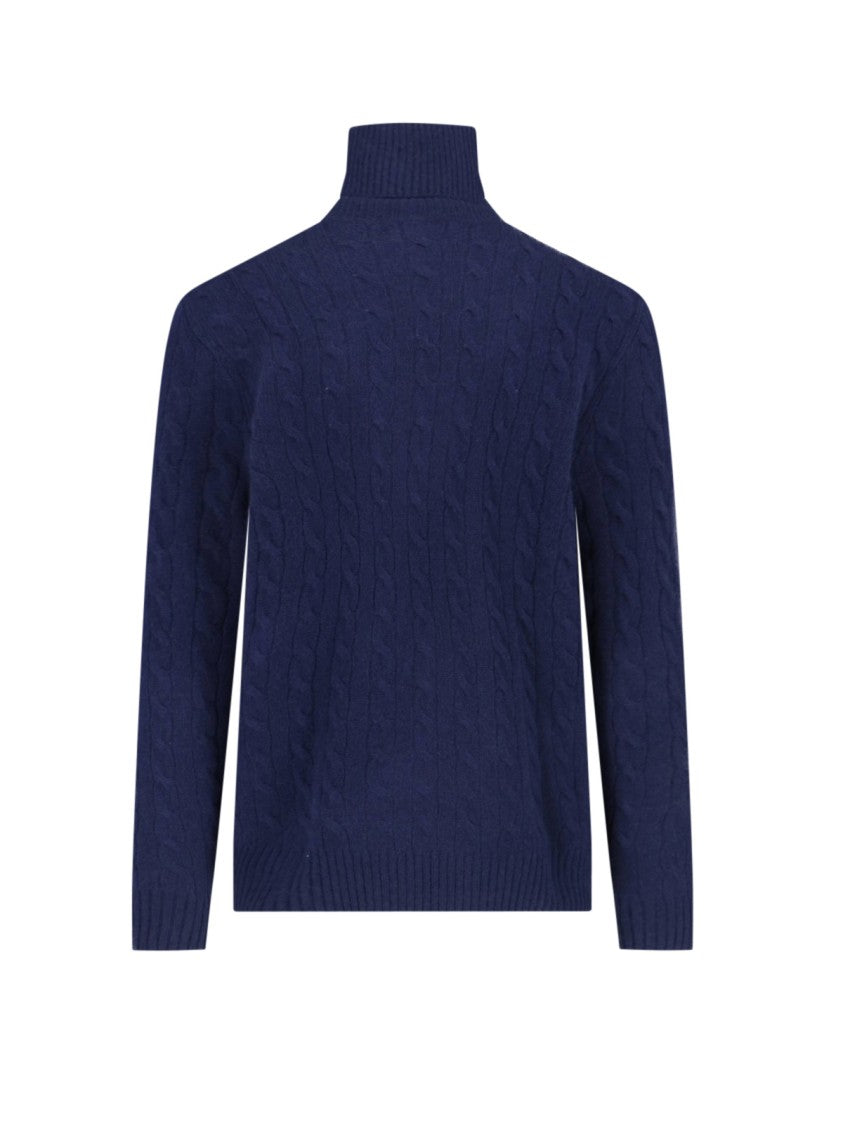 Polo Ralph Lauren Navy Blue Cable Knit Turtleneck Sweater With Embroidered Logo