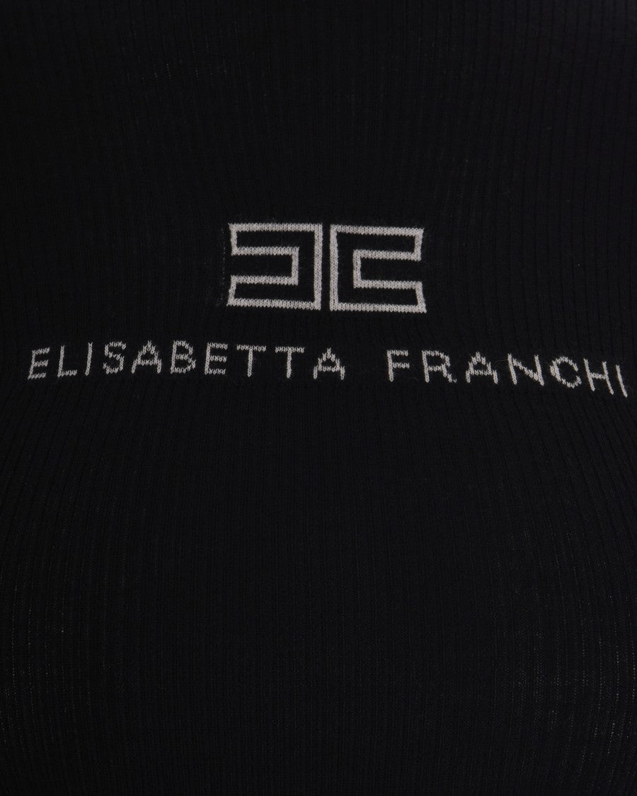 Elisabetta Franchi Ribbed Knit Long-Sleeve Top With Intarsia Logo