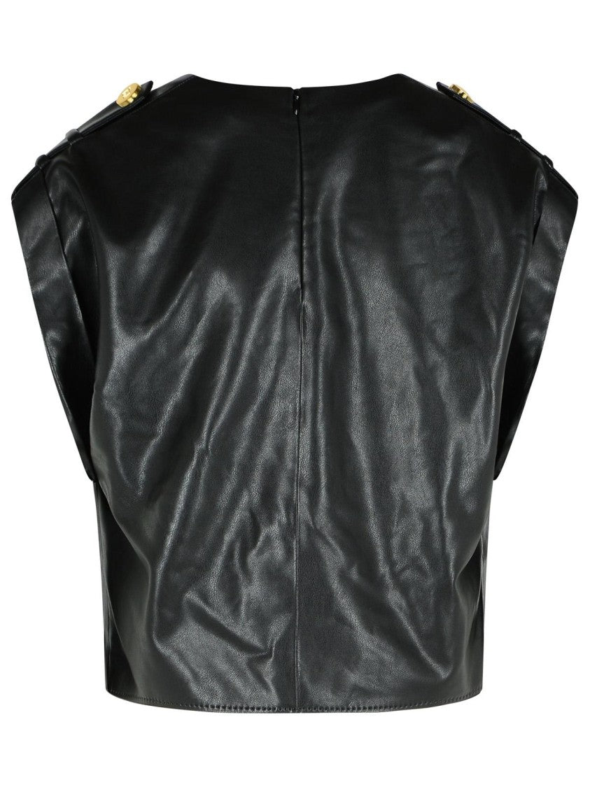 Balmain Draped Top In Black Eco-Leather