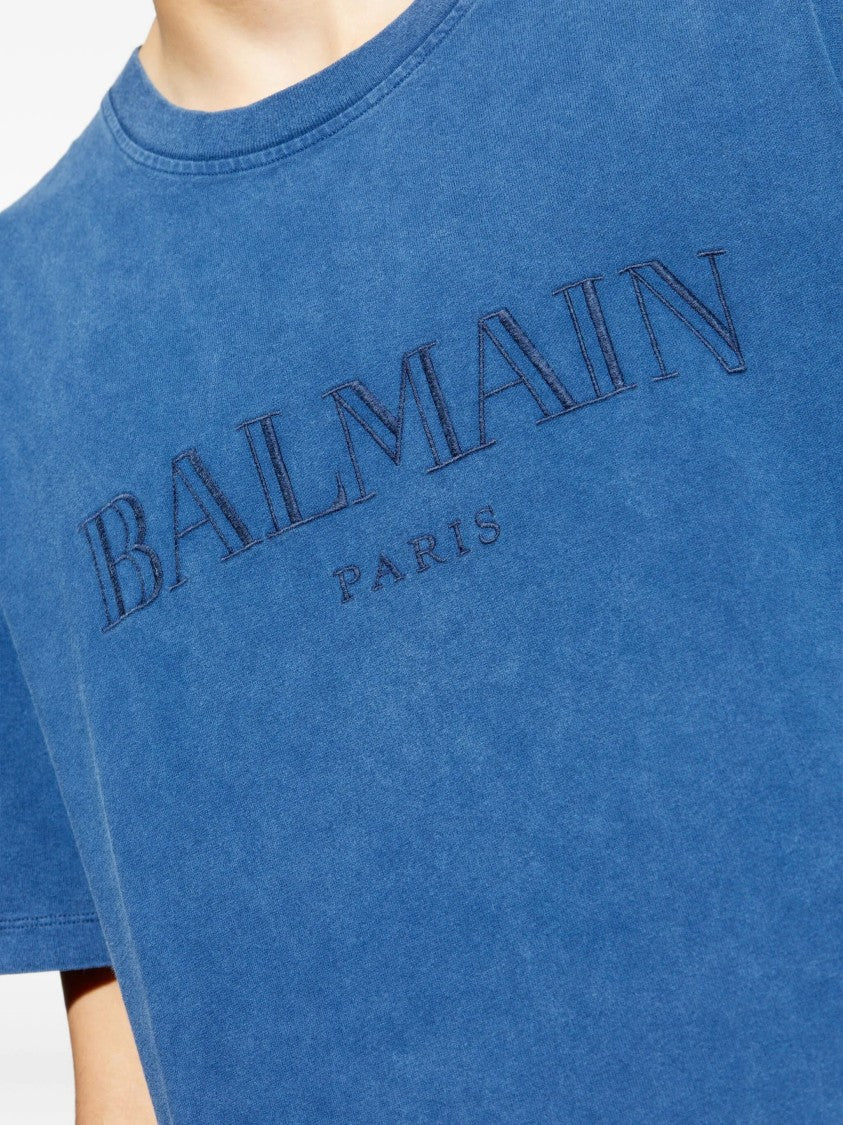 Balmain Washed Blue Loose Ss Embroidered T-Shirt