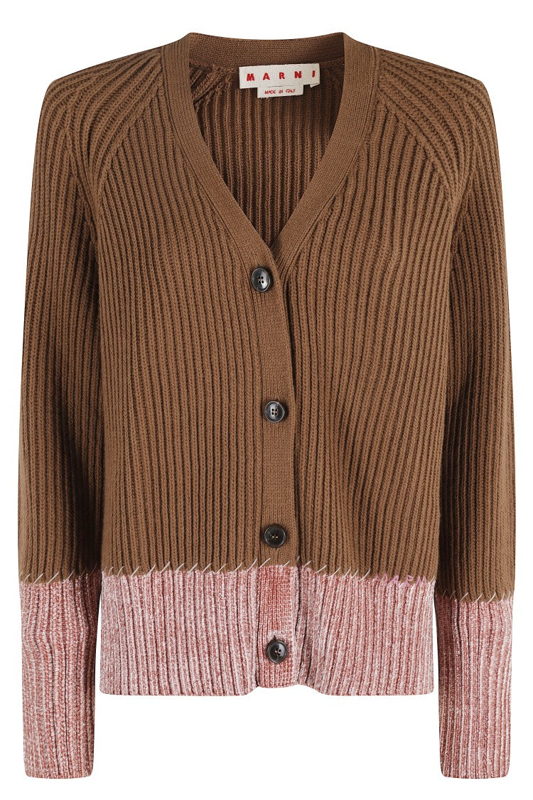 Marni Ribbed Knit Cardigan With Contrasting Pink Inserts