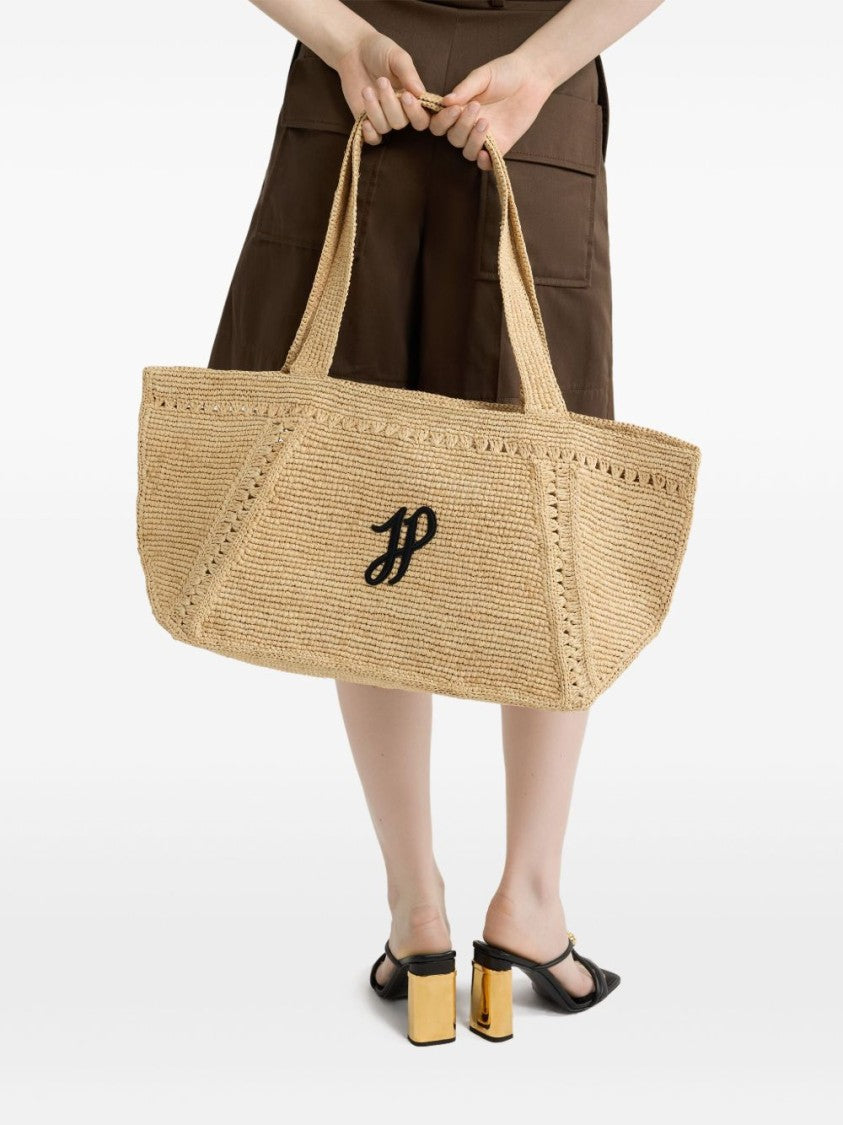 Patou Beige Woven Logo Open Top Tote