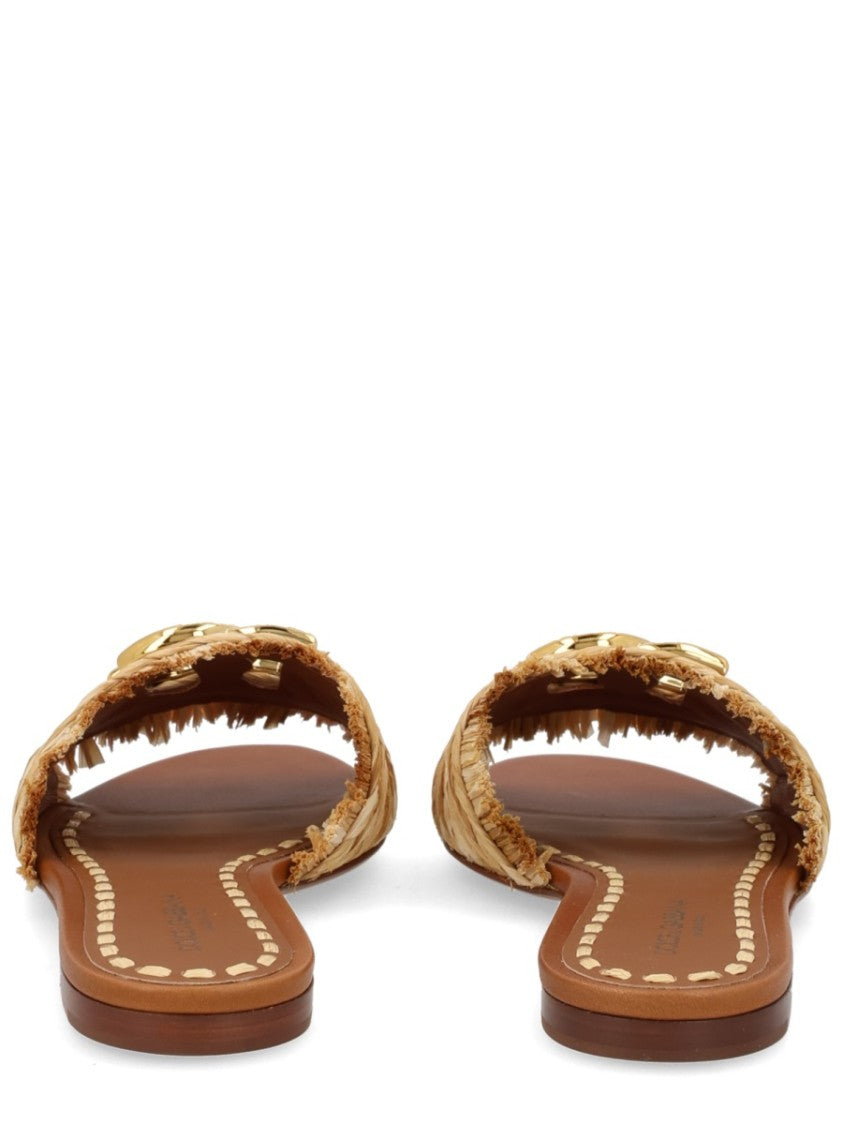 Dolce & Gabbana Woven Raffia Fringe Logo Slides