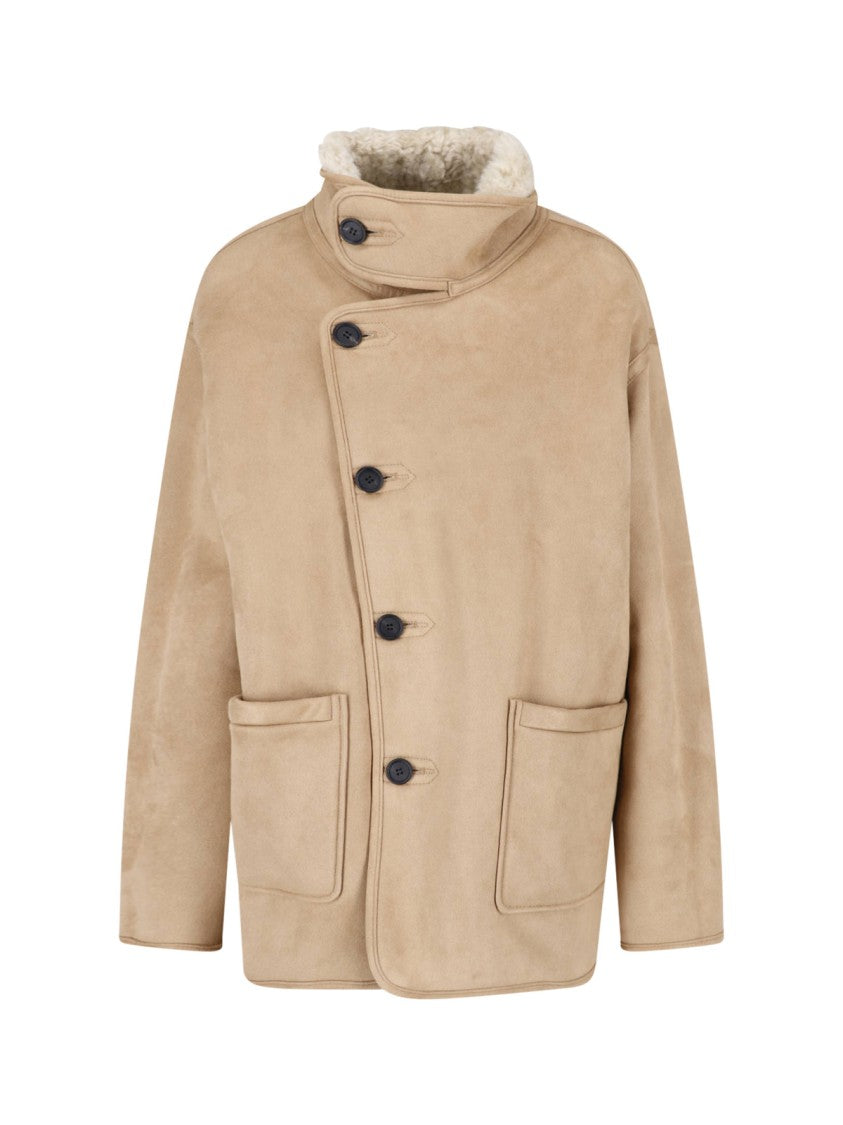 Low Classic Beige Reversible Asymmetric Faux Fur Eco-Leather Jacket