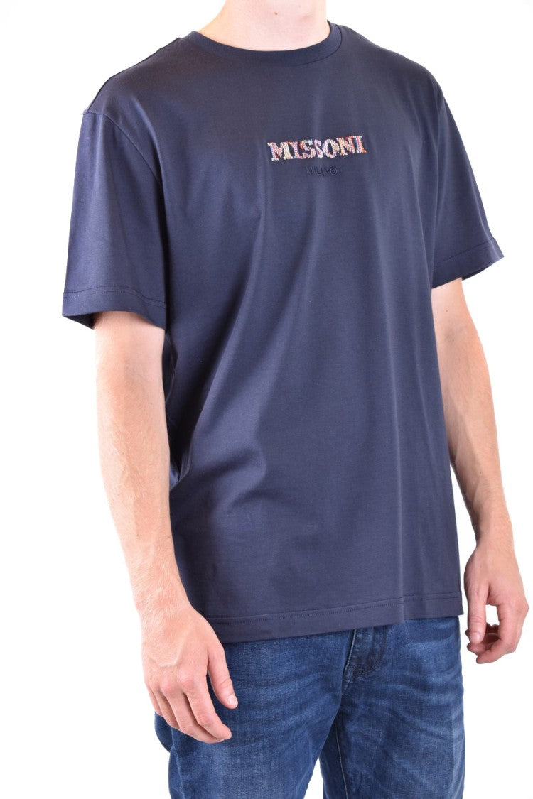 Missoni Blue Cotton Logo Embroidered T-Shirt