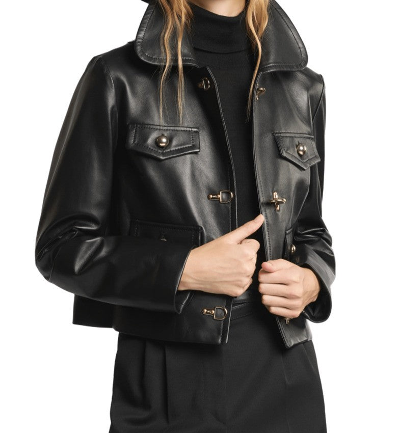 Fay Cropped Black Leather Jacket