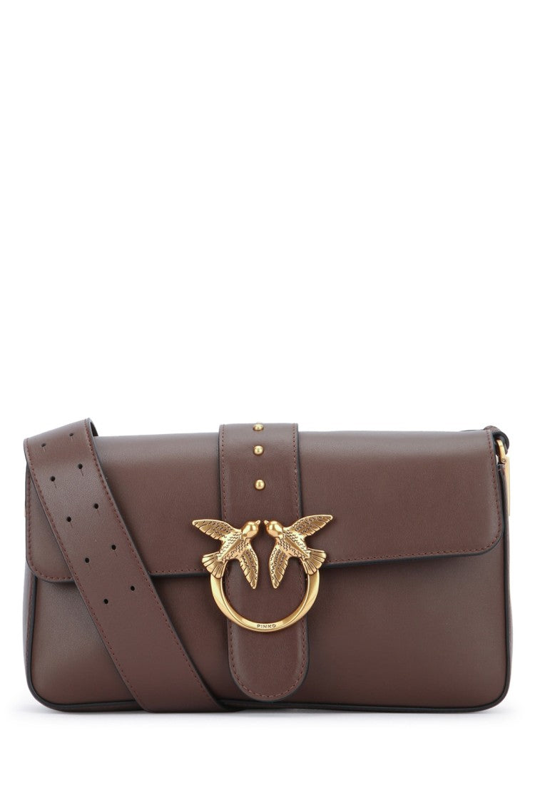 Pinko Rectangular Shoulder Bag In Smooth Dark Brown Leather