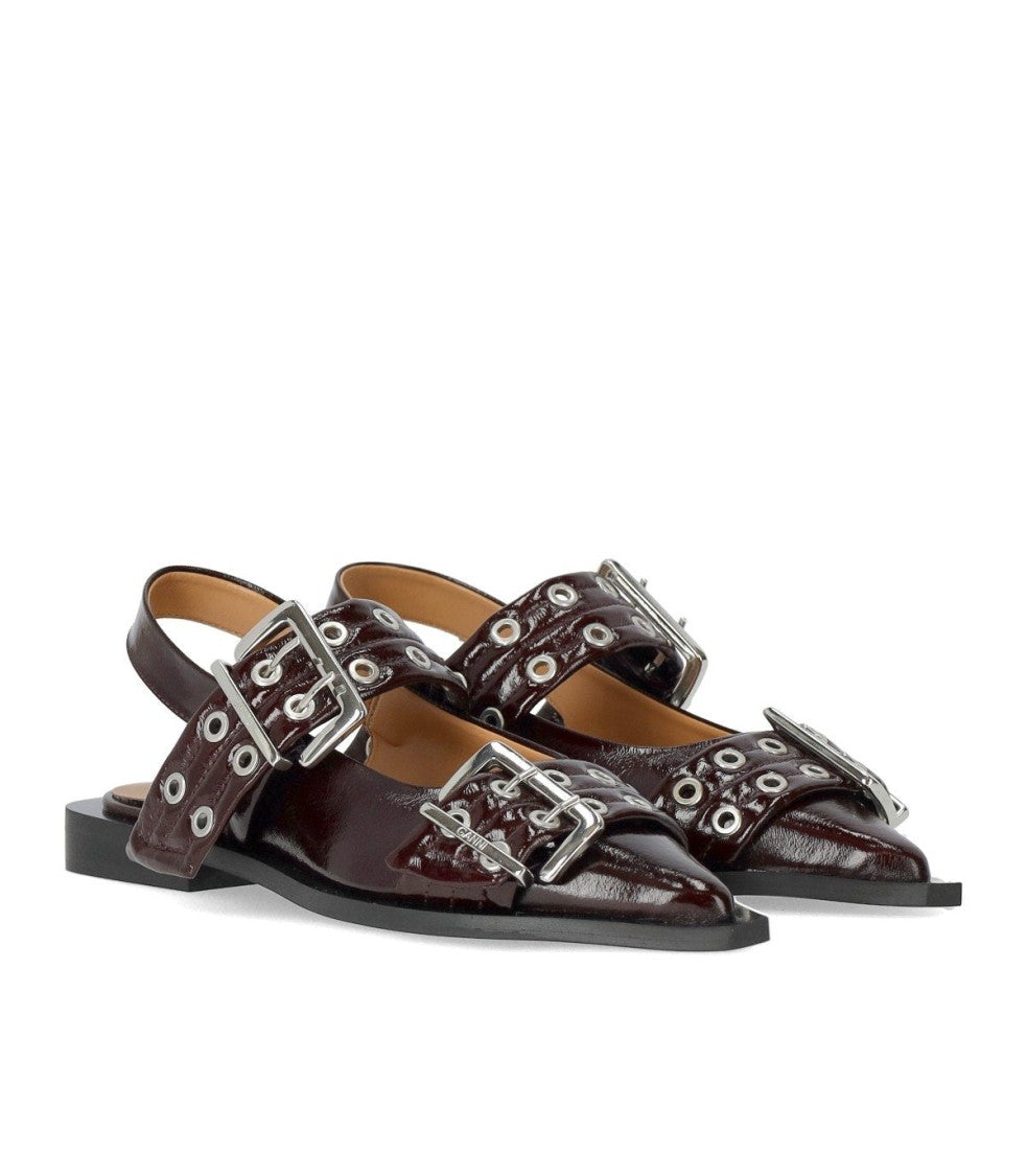 Ganni Burgundy Slingback Ballet Flat Shoe With Buckles