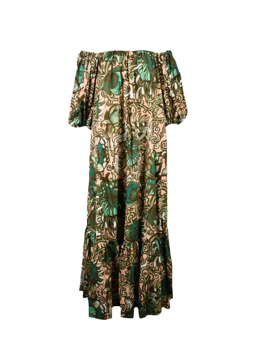 La Double J Green Pink Floral Oversized Cotton Midi Dress