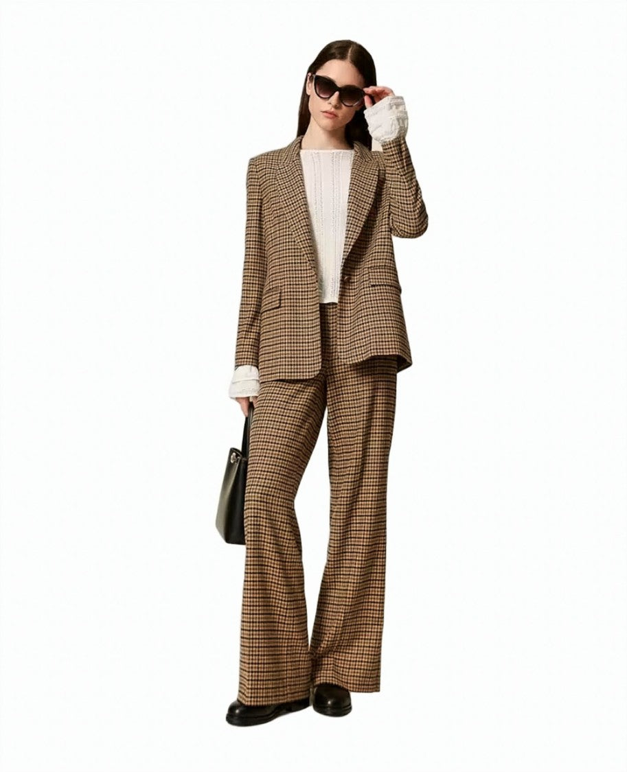 Twin-Set Check Wool-Blend Gold Button Straight-Leg Pants