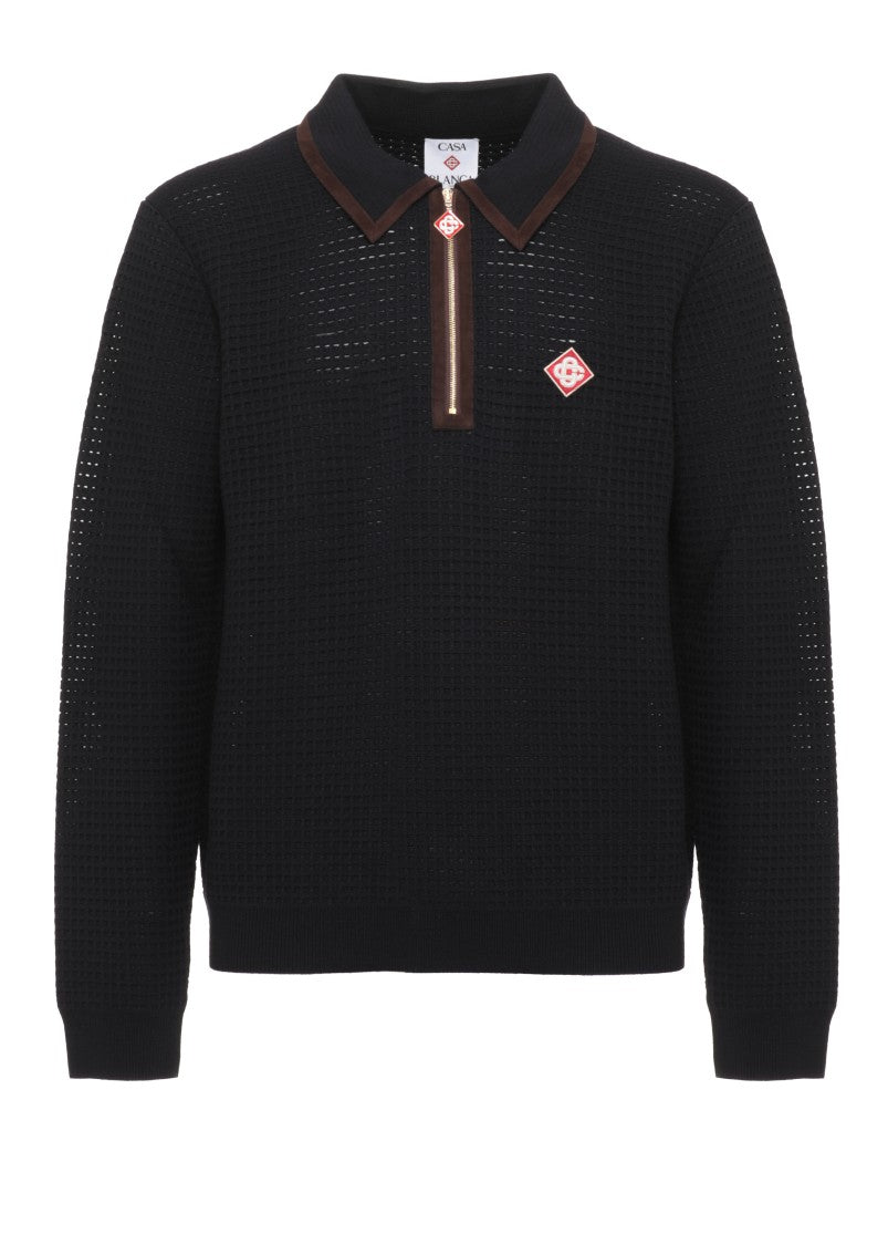 Casablanca Blue Velvet-Collar Zip Wool Polo Shirt