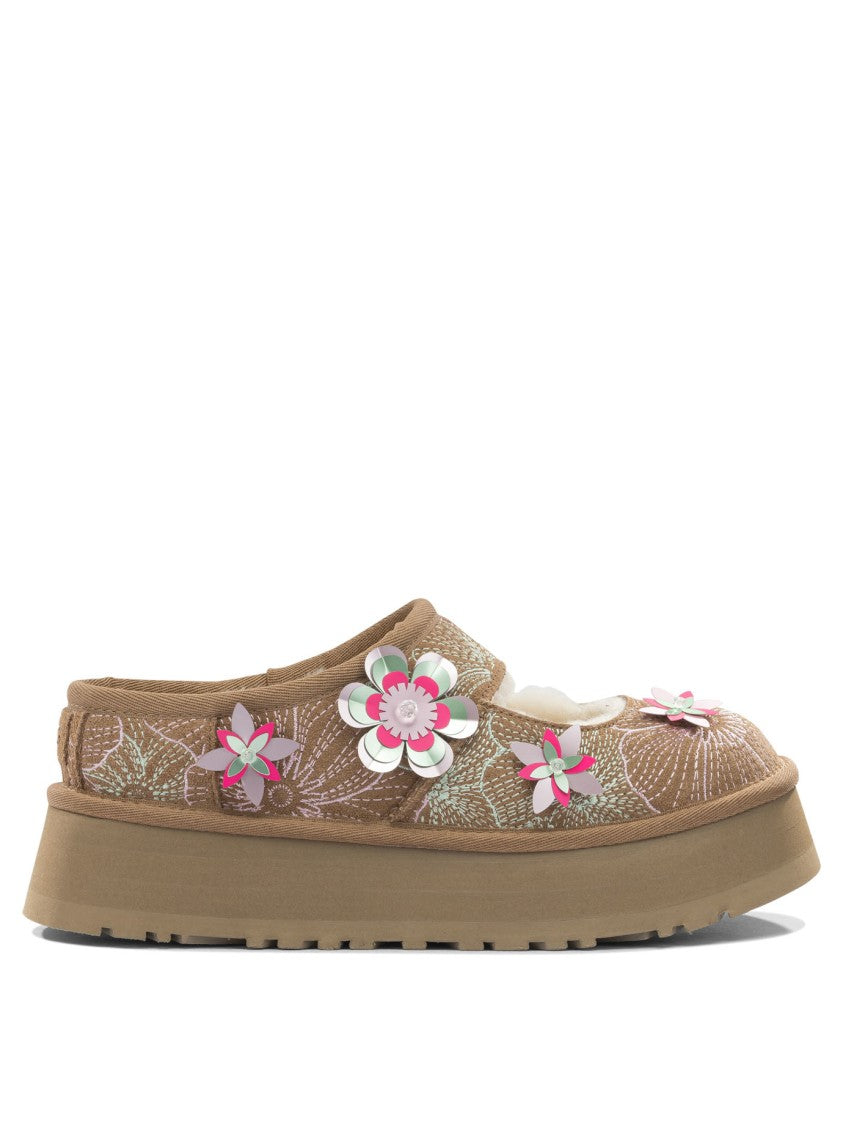 Ugg Floral-Embellished Brown Suede Ballerinas