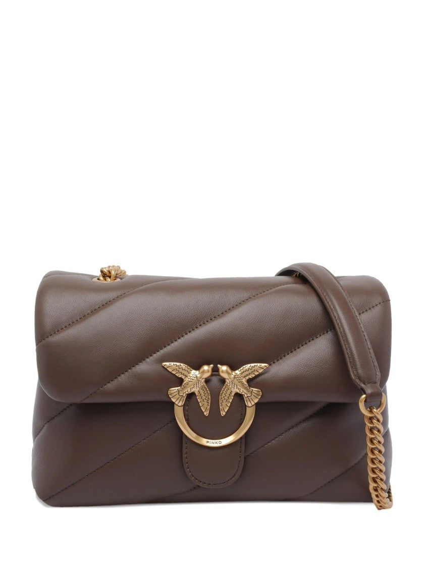 Pinko Quilted Brown Leather Bag With Bird Motif