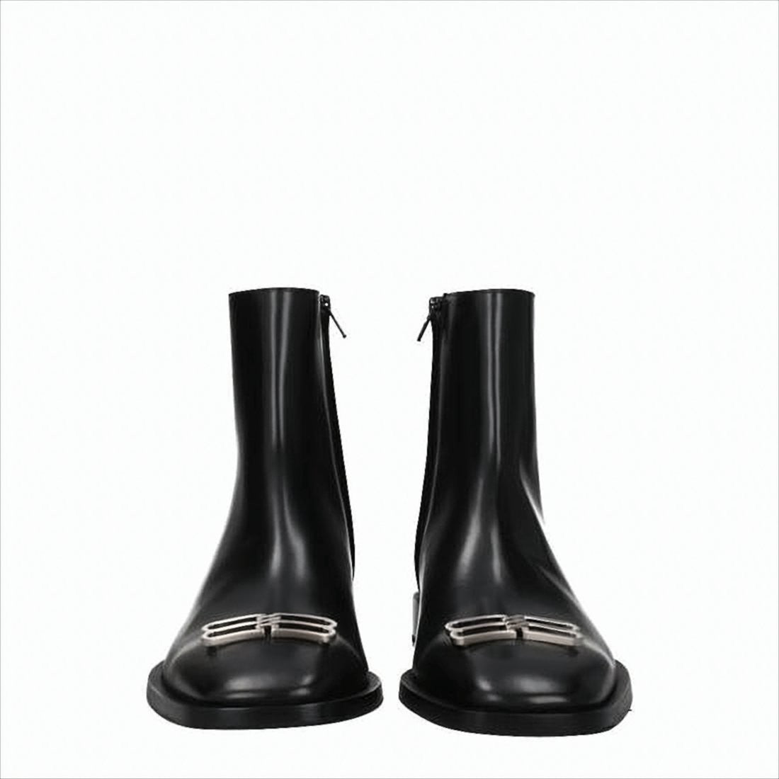 Balenciaga Mid-Ankle Black Leather Boots With Metallic Buckle Detail