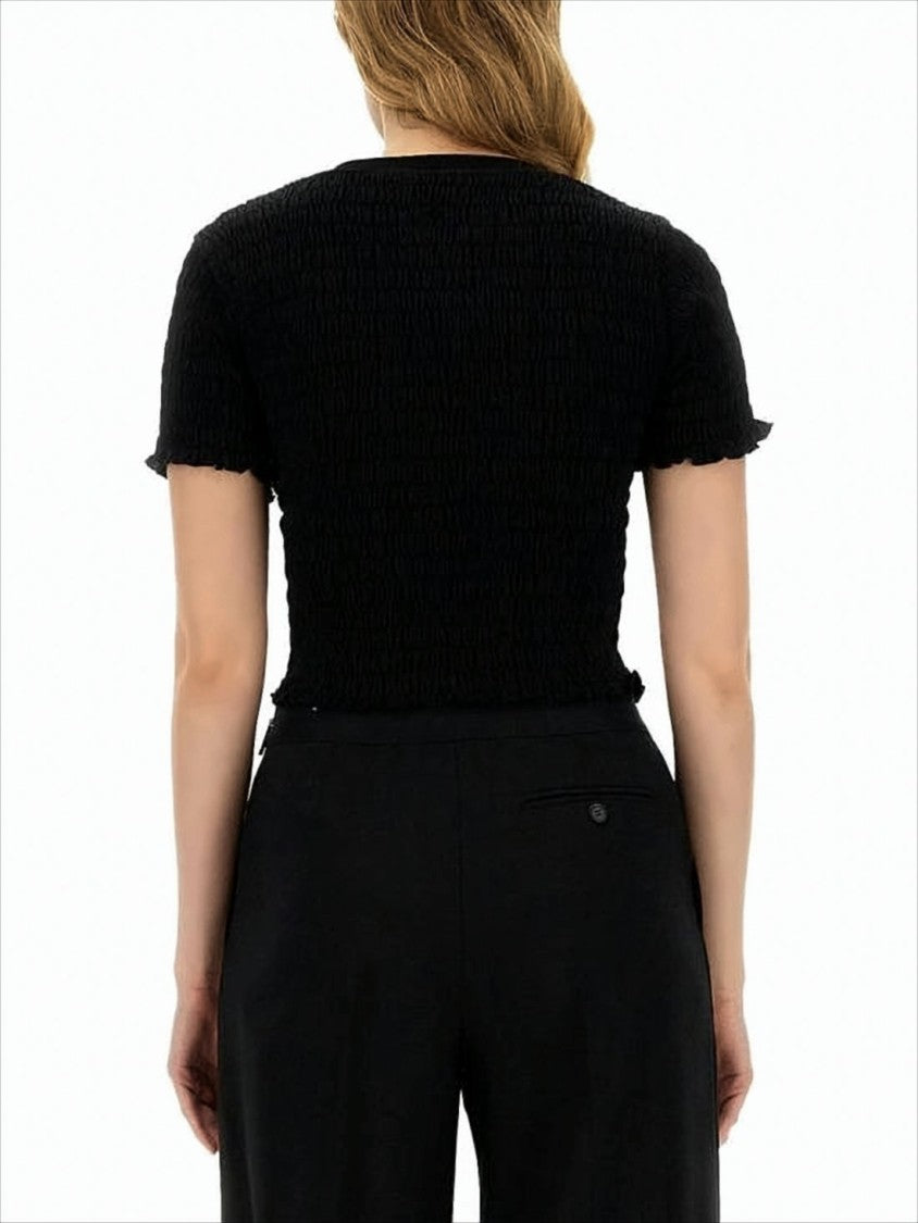 Msgm Textured Cropped Black T-Shirt With Bold Logo