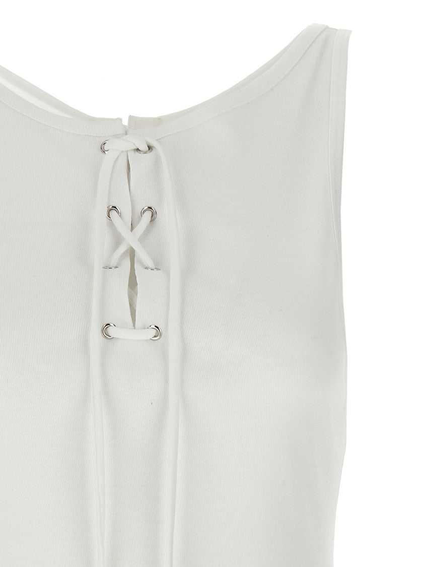 Prada Ribbed Cotton Tank Top With Asymmetric Neckline And Lace Detail