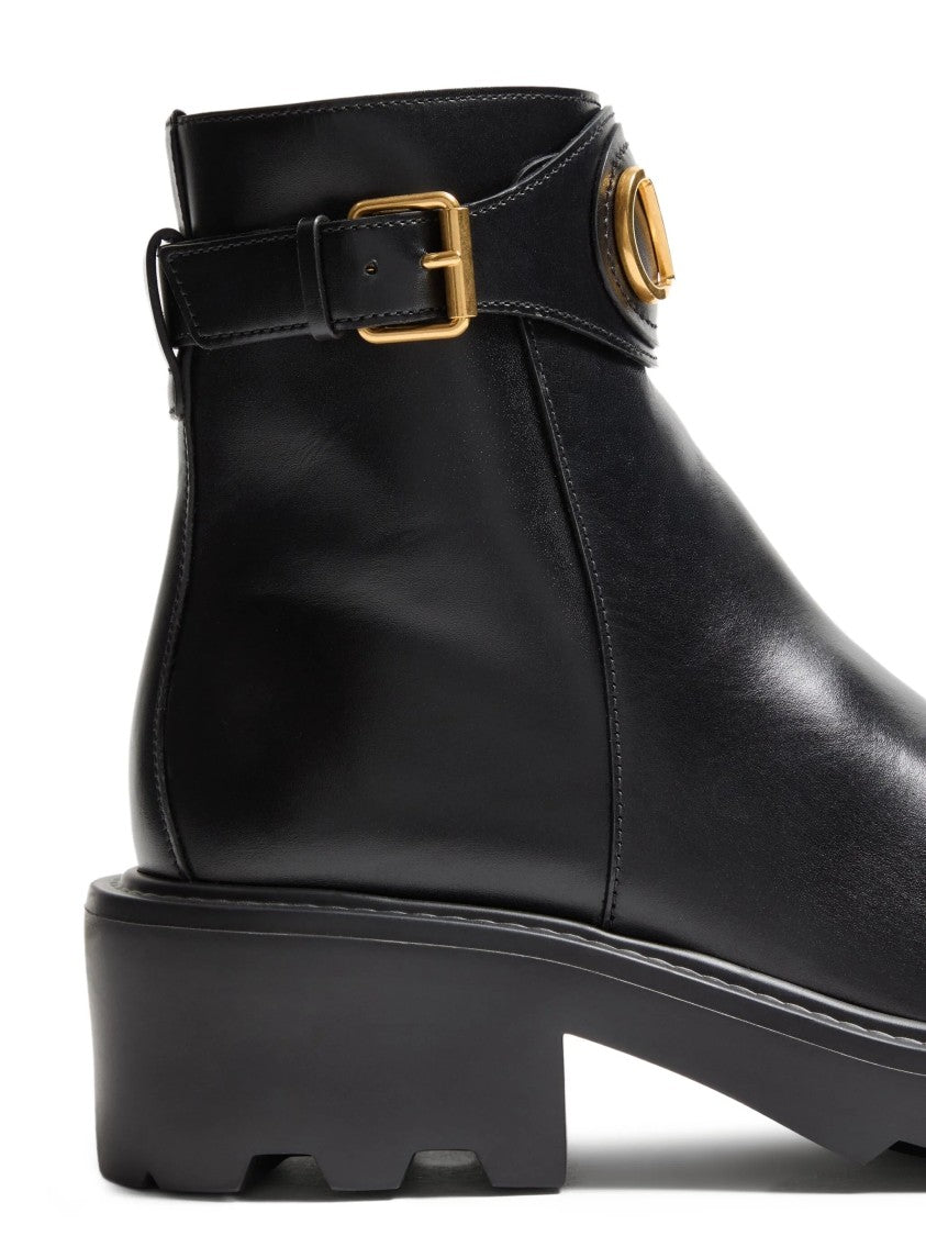 Valentino Black Leather Ankle Boots With Gold-Tone Logo And Chunky Sole