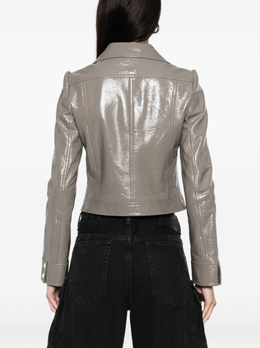 Courrèges Cropped Grey Jacket With Glossy Patent Finish And Bold Logo