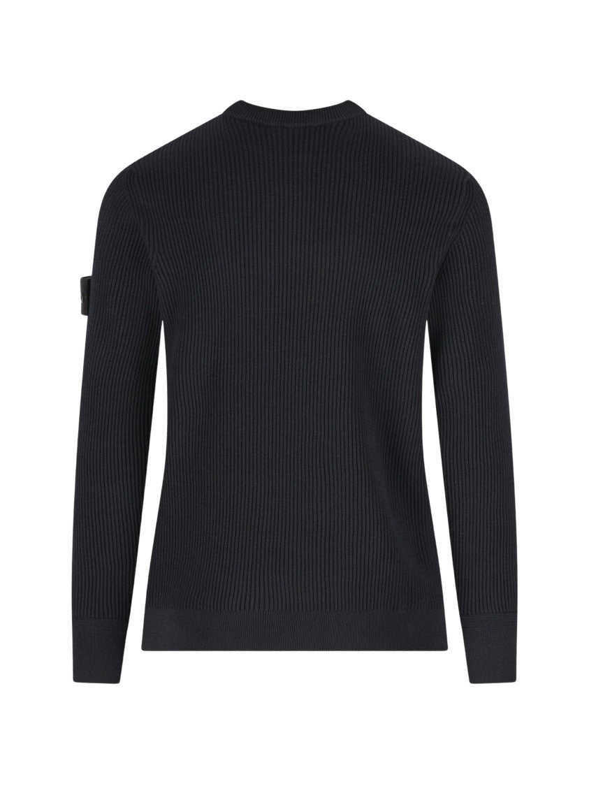 Stone Island Navy Blue Virgin Wool Crew-Neck Sweater With Compass Badge
