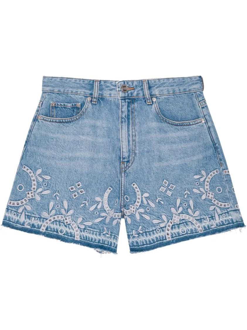 Ganni Light Blue Denim Shorts With Frayed Hem And Embroidered Detail