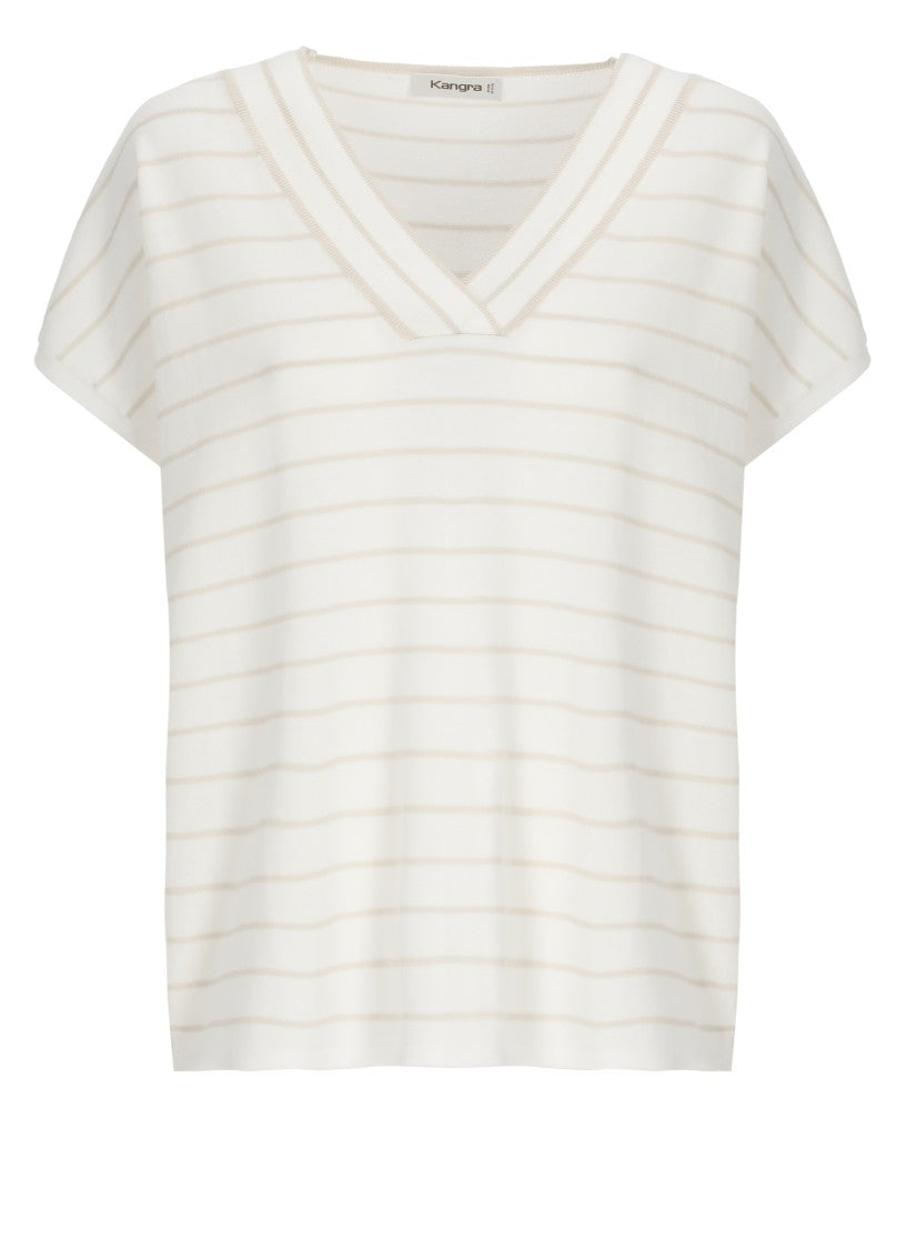 Kangra White Striped Cotton Short-Sleeved Top