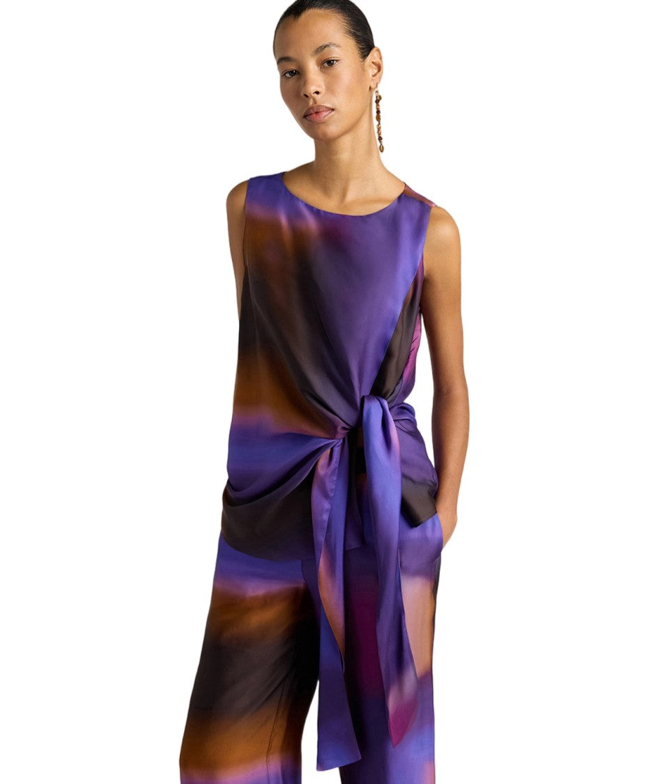 Momonì Viscose Satin Torchon Waist Print Sleeveless Blouse