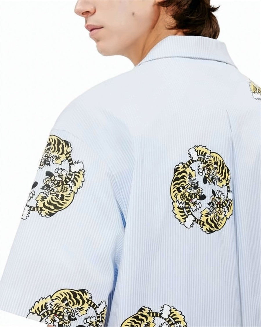 Kenzo Short-Sleeved Light Blue Shirt With Tiger Motifs