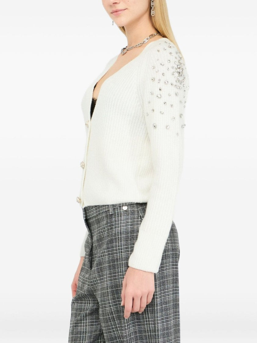 Liu Jo Textured White Sweater With Deep V-Neckline And Embellished Shoulder