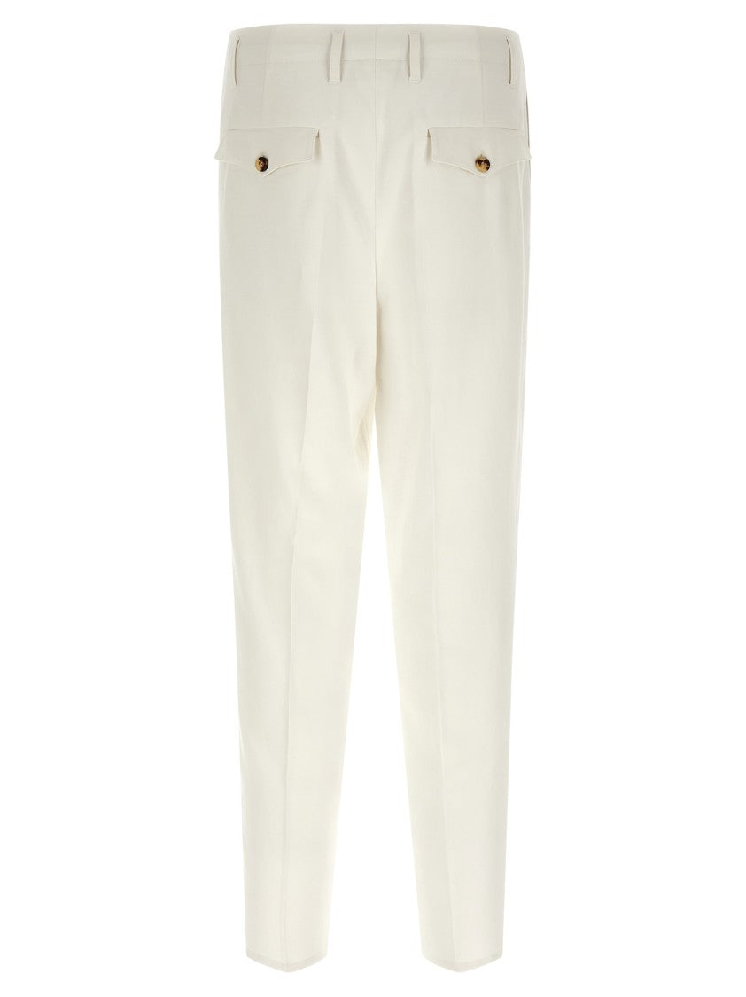 Brunello Cucinelli Tapered White Cotton Trousers With High Waist And Pleated Front