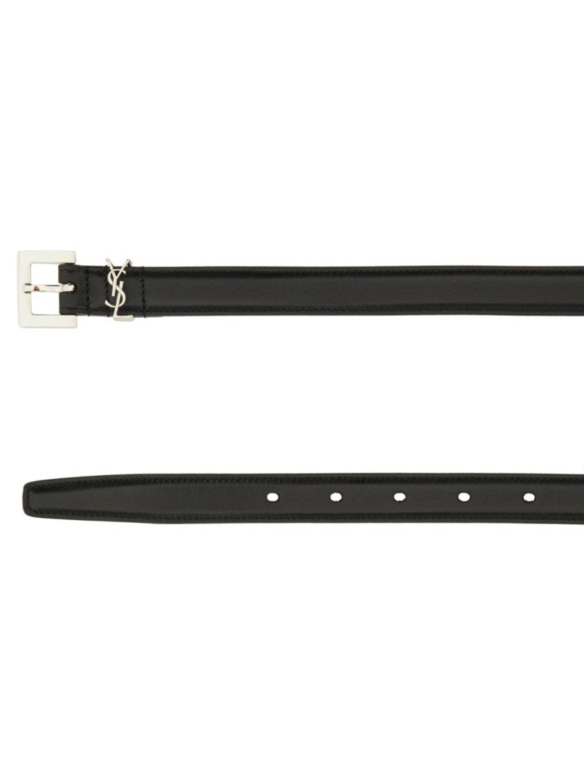 Saint Laurent Slim Calfskin Leather Belt With Polished Buckle Charm
