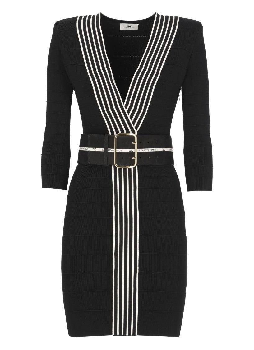 Elisabetta Franchi Fitted Viscose Mini Dress With Contrasting Stripes And Matching Belt