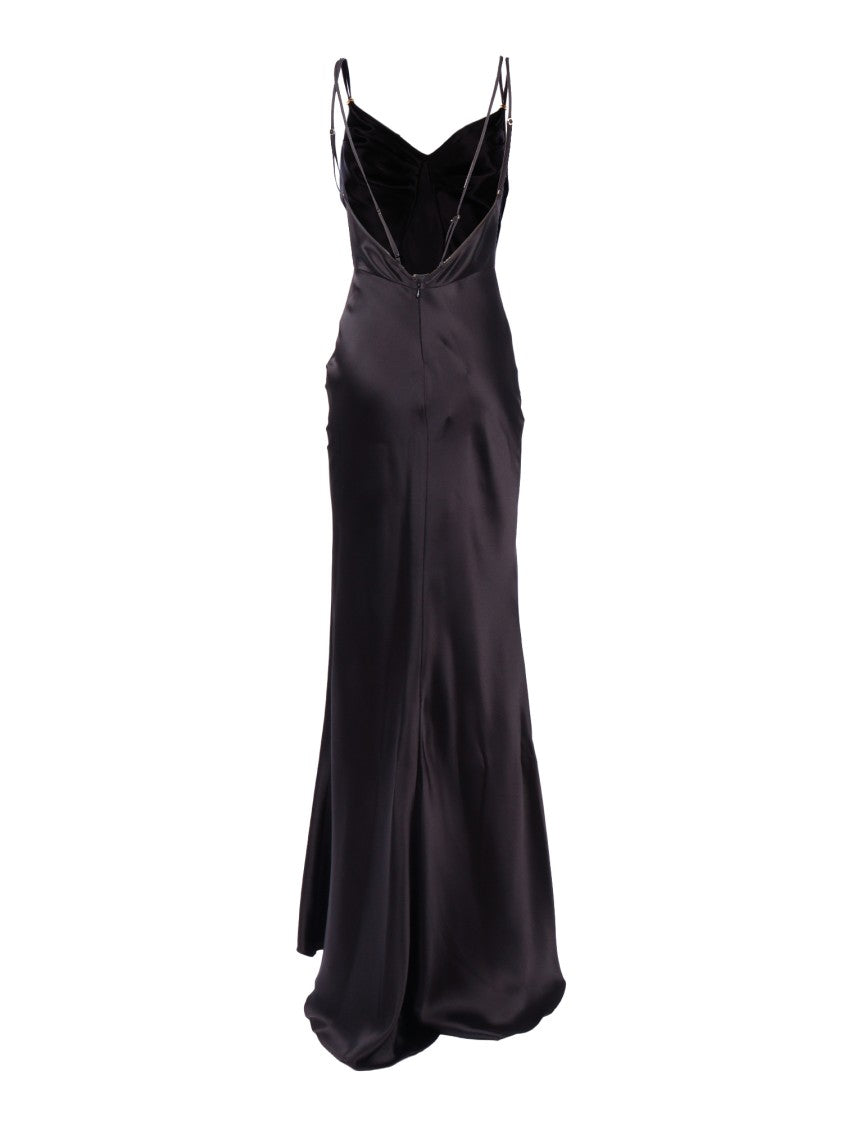 Elisabetta Franchi Black Satin Ruched Maxi Dress