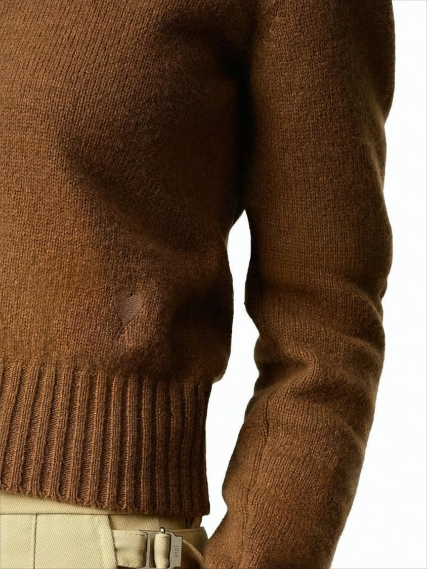Ami Paris Cropped Brown Cashmere Blend Sweater With Heart Detail
